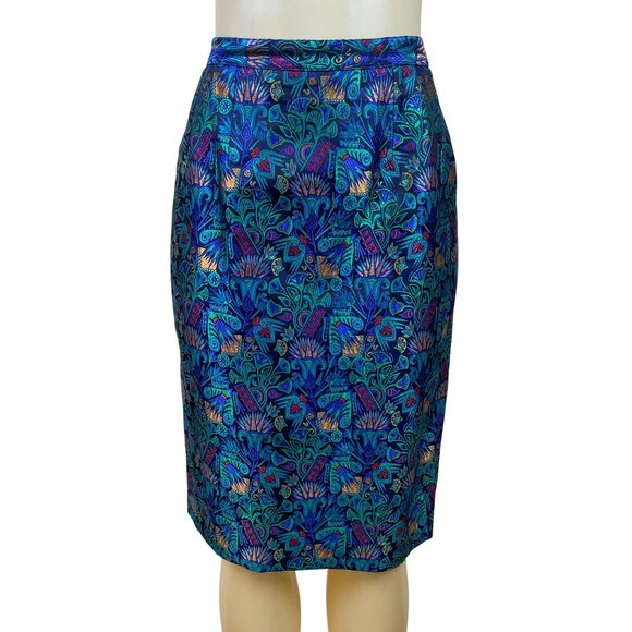 Vintage Guy Laroche Turquoise Satin Skirt & Jacket Set With Floral Print  Sz W14 - Picture 6 of 13